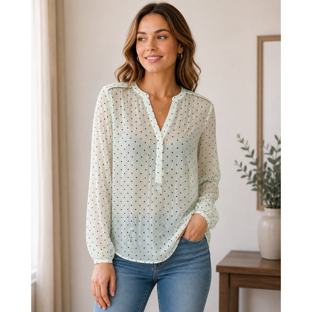 The Limited Mint Green Polka Dot Split V-Neck Long Sleeve Blouse Small